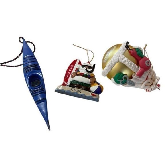 Lot of 3 Surfing, Hair Stylist, and Canoeing Santa Ornaments ￼￼ - Picture 1 of 2